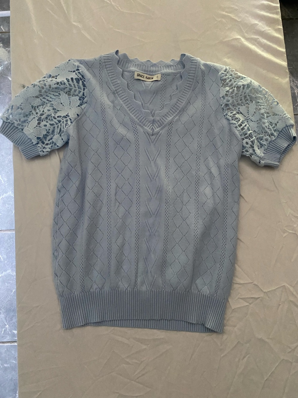 Grace Karin Soft Pastel Blue Crochet Detail Sweater Top